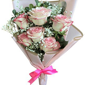 Ramo Floral de 6 Rosas Rosadas con Gypsophila