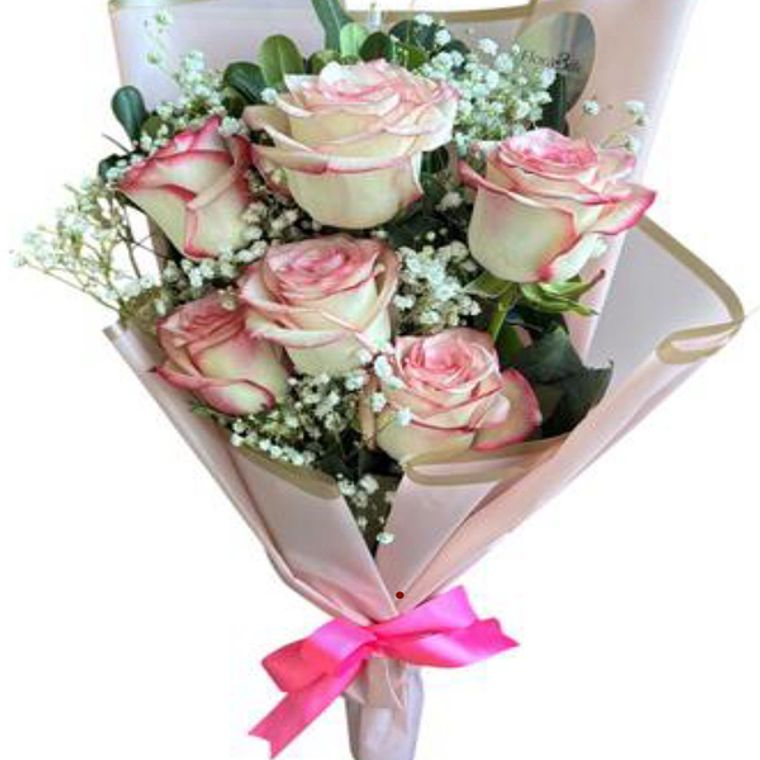 Ramo Floral de 6 Rosas Rosadas con Gypsophila 1