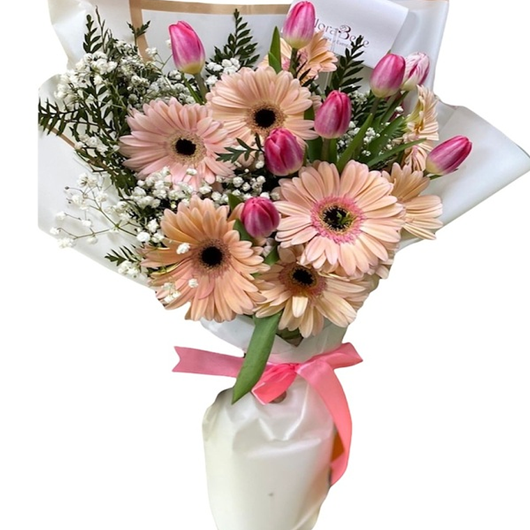 Ramo de Gerberas y Tulipanes Rosados con Follaje de Temporada | Envío en Santiago 1