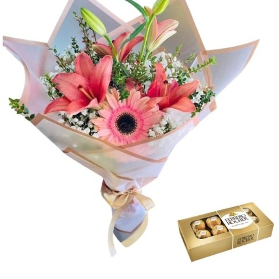 Ramo con Liliums, Gerbera y bombones | Envío Santiago 1