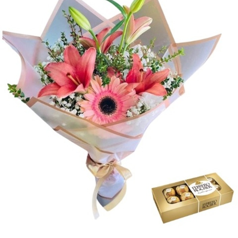 Ramo con Liliums, Gerbera y bombones | Envío Santiago 1