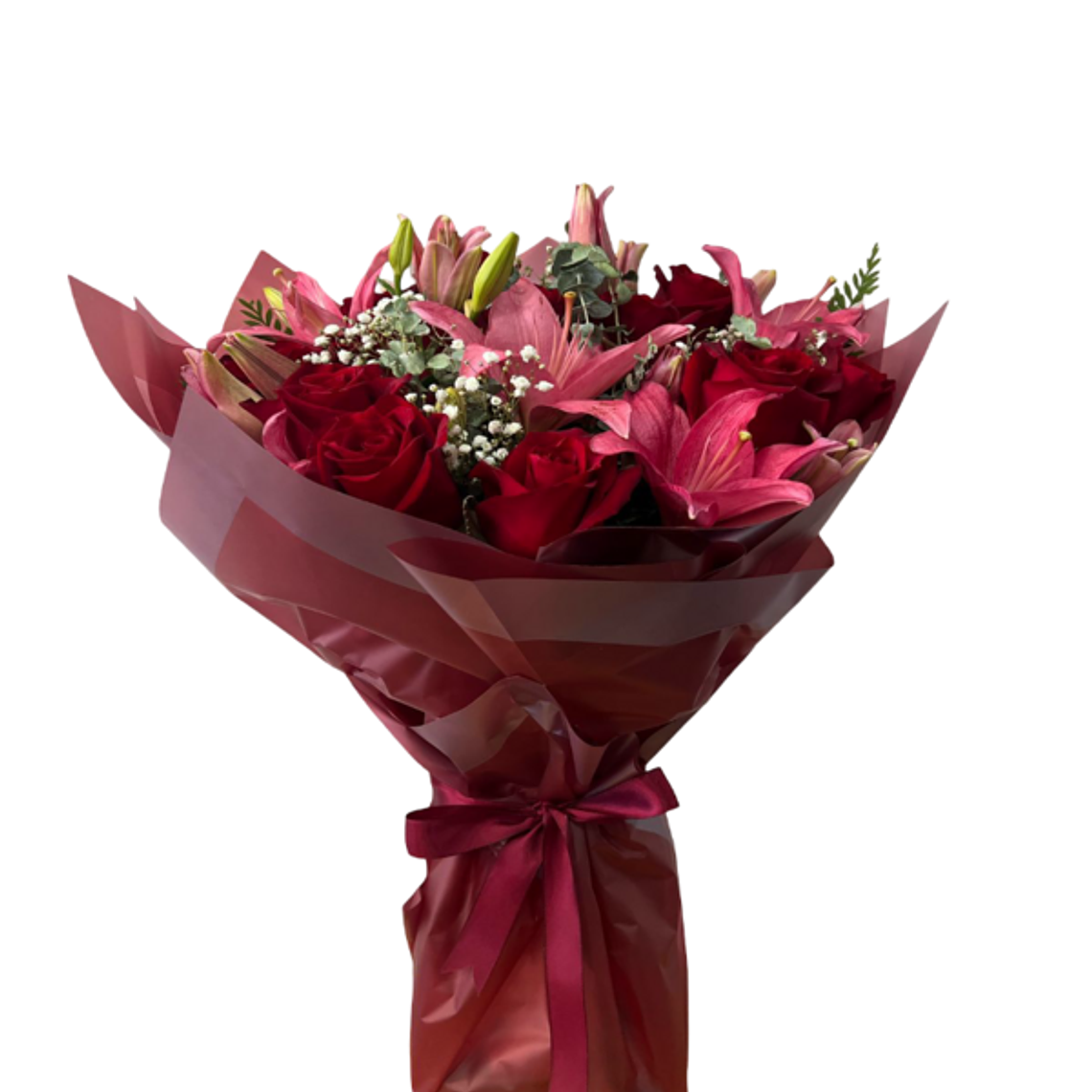 Ramo de Rosas Rojas y Liliums Rosados | Envío en Santiago 1