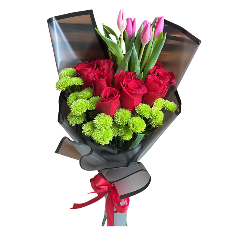 Ramo de Rosas Rojas y Tulipanes Rosados | Envío en Santiago 1