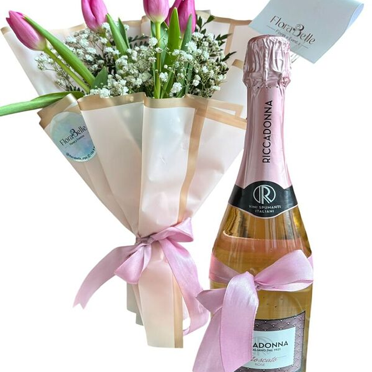 Ramo de Tulipanes Rosados y Vino Espumante  1