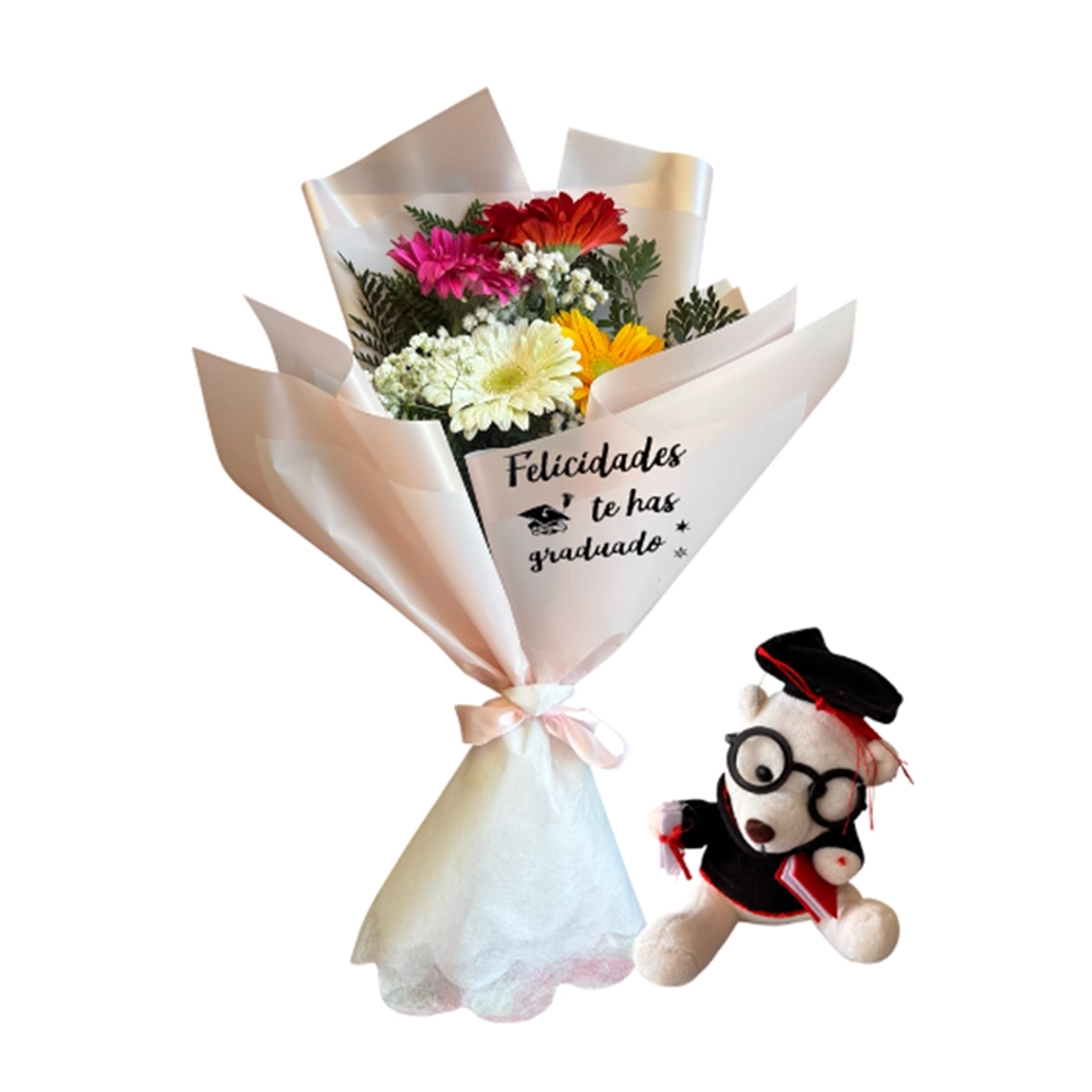 Ramo Floral de Graduación con Gerberas y Peluche de Graduado 1