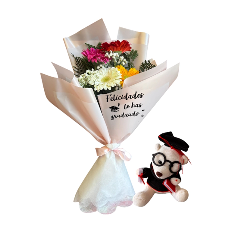 Ramo Floral de Graduación con Gerberas y Peluche de Graduado 1
