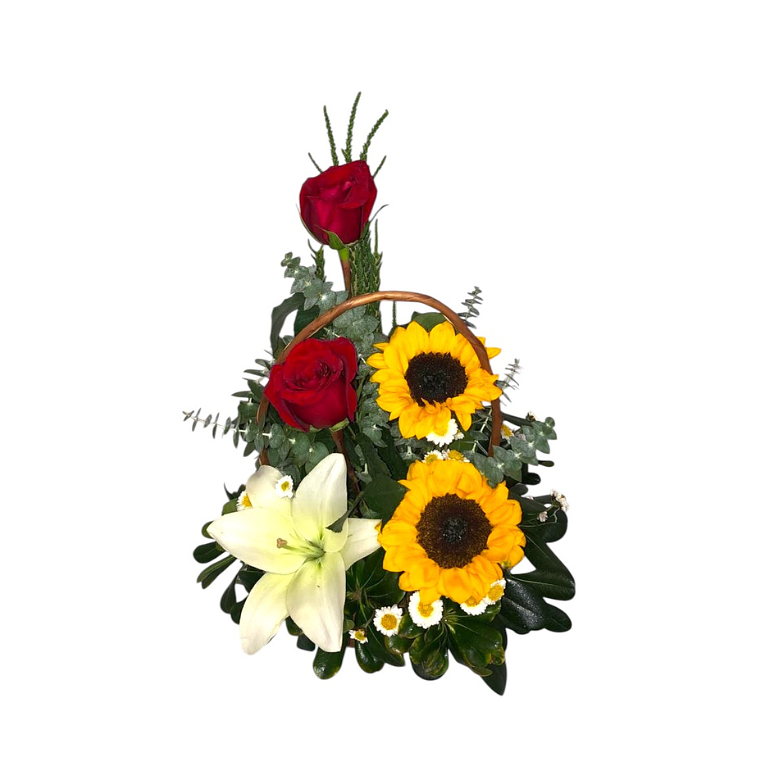Arreglo Floral en Canasta con Girasoles, Rosas y Lilium 1