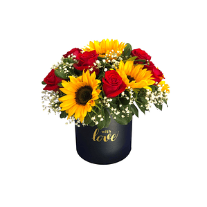 Box Floral con Girasoles y Rosas Rojas