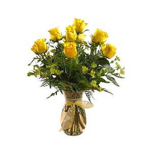 Florero de Vidrio con rosas amarillas