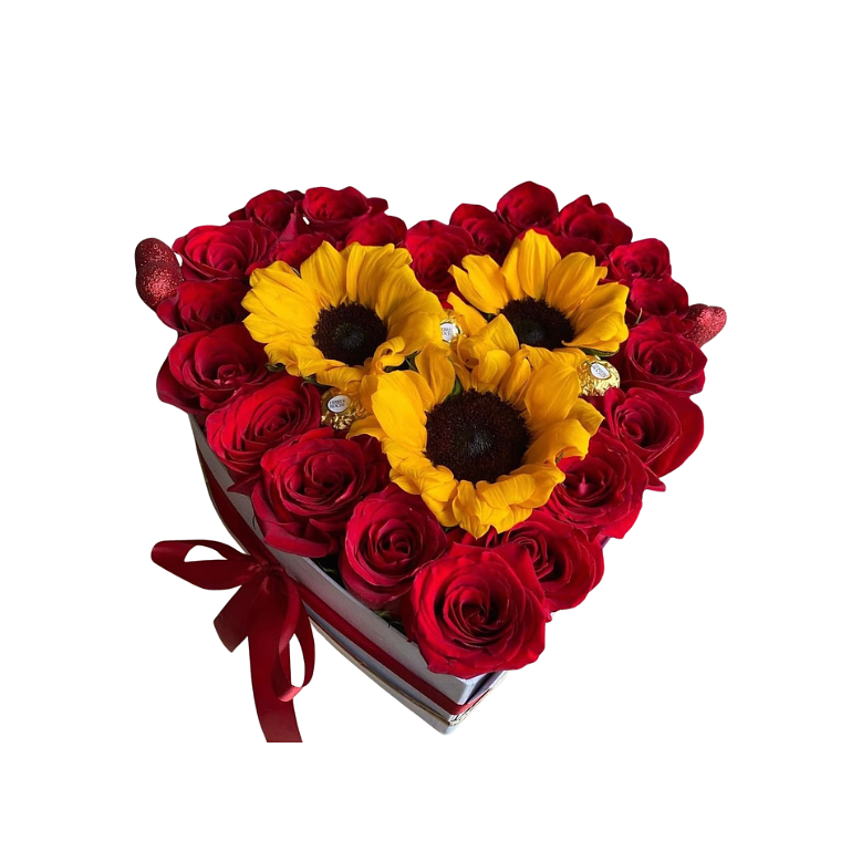 Box Floral Corazón con Rosas Rojas y Girasoles 1