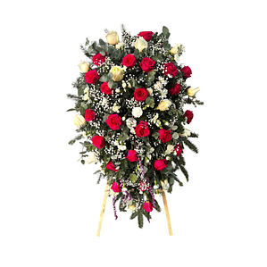 Arreglo Floral Fúnebre de Rosas Rojas y Blancas Premium