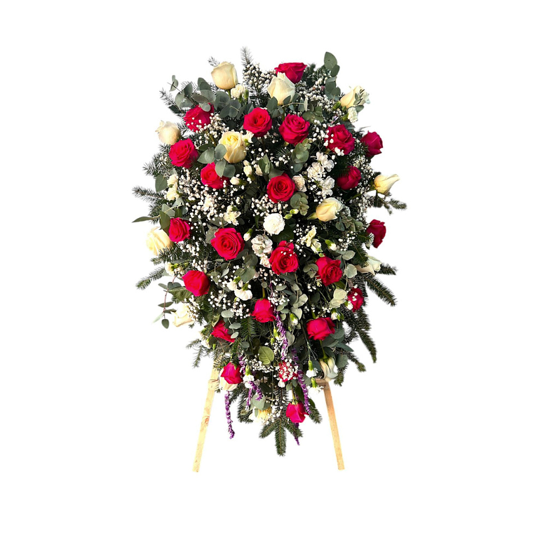 Arreglo Floral Fúnebre de Rosas Rojas y Blancas Premium 1