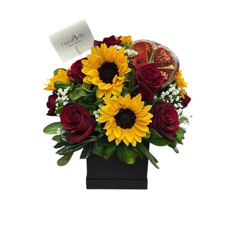Box Floral con Girasoles, Rosas Rojas y Bombones 1