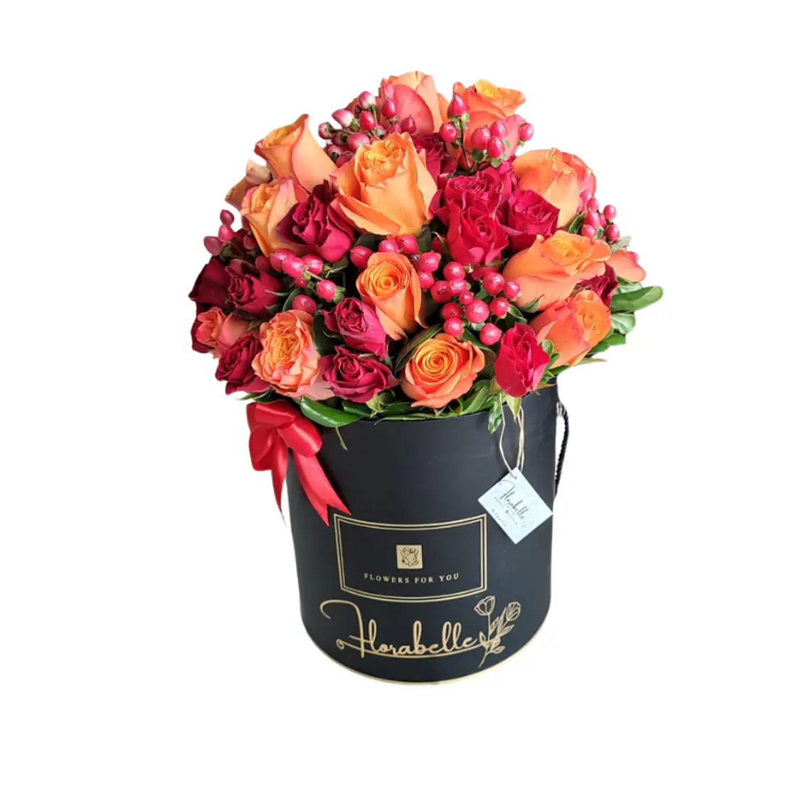Box Floral con 25 Rosas en Tonos Rojos y Naranjas 1