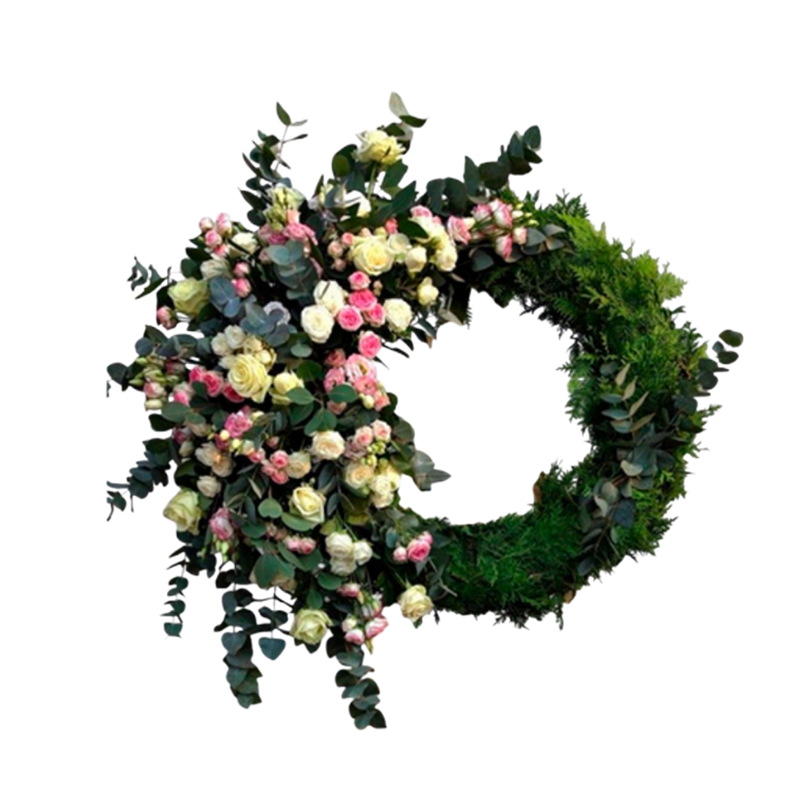 Corona Fúnebre Natural con Rosas Blancas y Rosadas 1