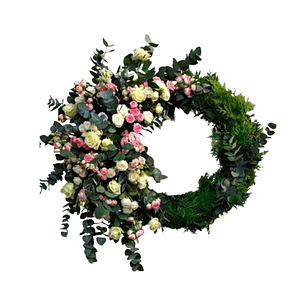 Corona Fúnebre Natural con Rosas Blancas y Rosadas