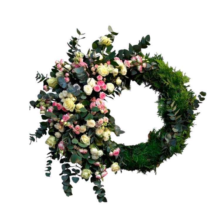 Corona Fúnebre Natural con Rosas Blancas y Rosadas 1
