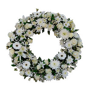 Corona Fúnebre Blanca con Flores Mixtas Premium