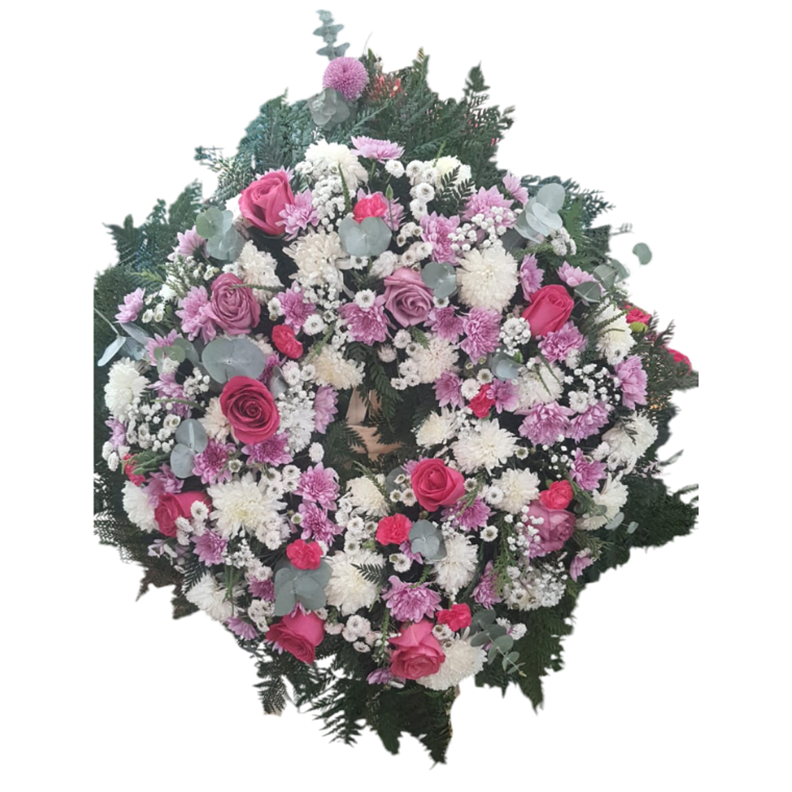 Corona Fúnebre Natural con Rosas Blancas y Rosadas 1