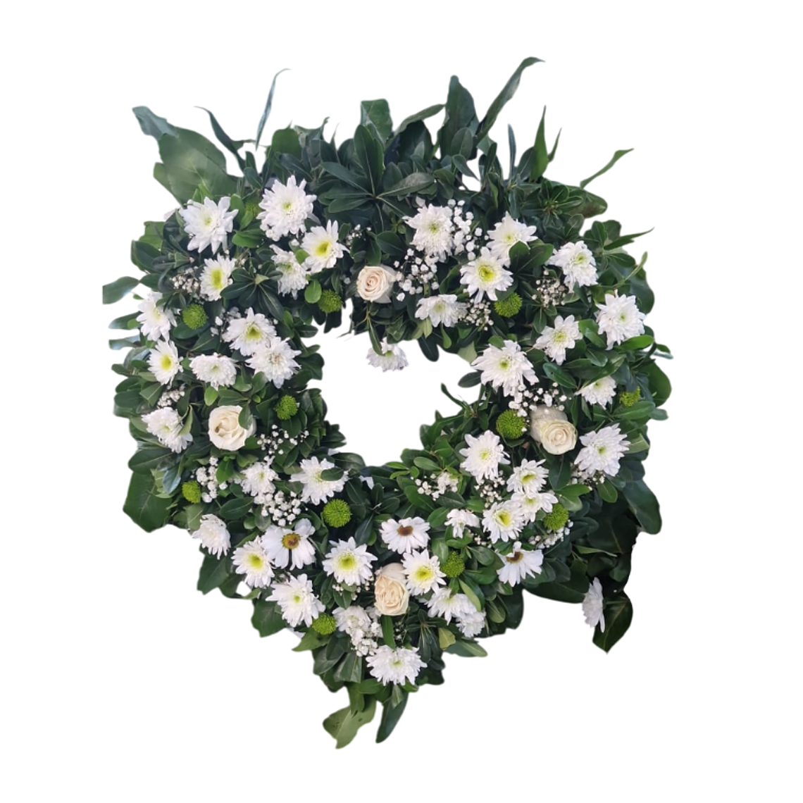 Corona Fúnebre Natural con Flores Blancas y Follaje 1