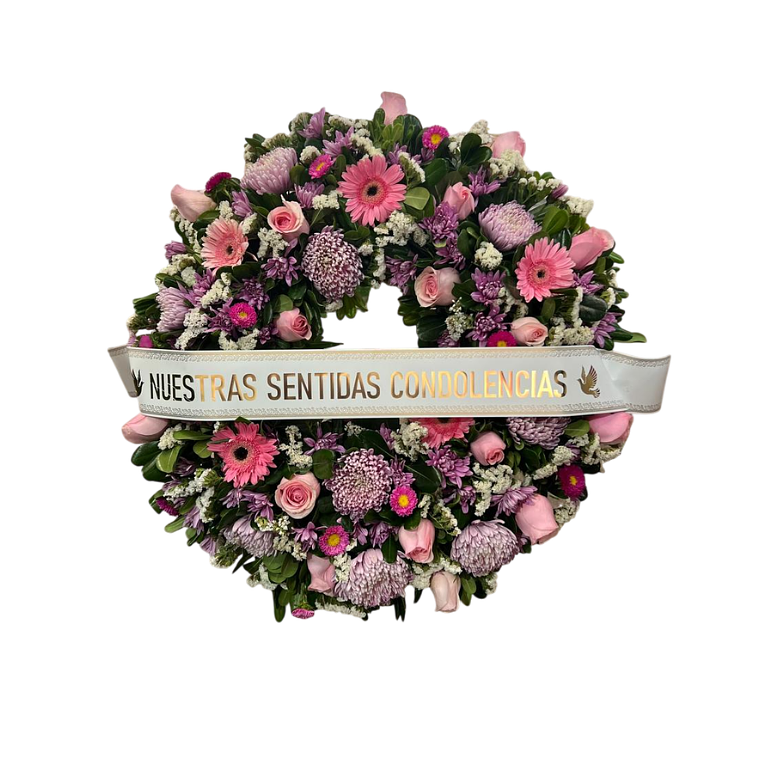 Corona Fúnebre Floral Elegante en Tonos Rosados y Lila 1