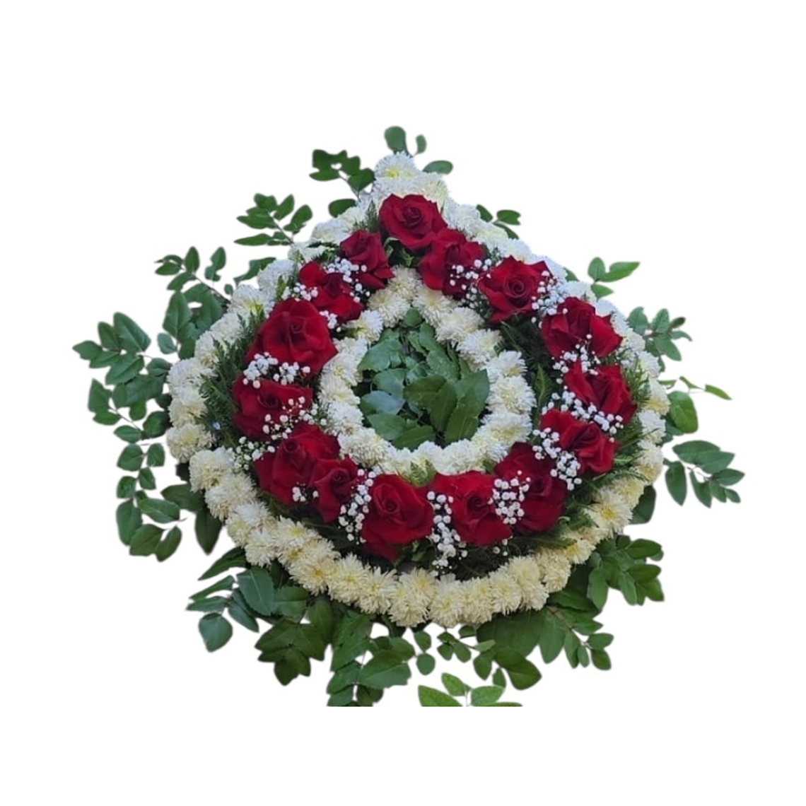 Corona Fúnebre con Rosas Rojas y Flores Blancas en Circular 1
