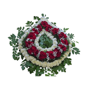 Corona Fúnebre con Rosas Rojas y Flores Blancas en Circular