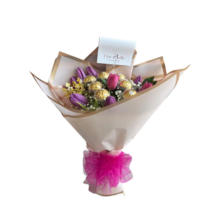 Ramo de Tulipanes Morados con Ferrero Rocher y Corona 1