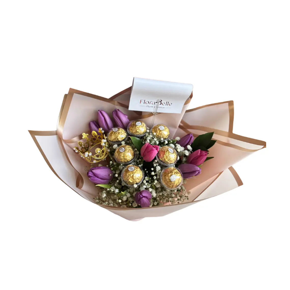 Ramo de Tulipanes Morados con Ferrero Rocher y Corona 2