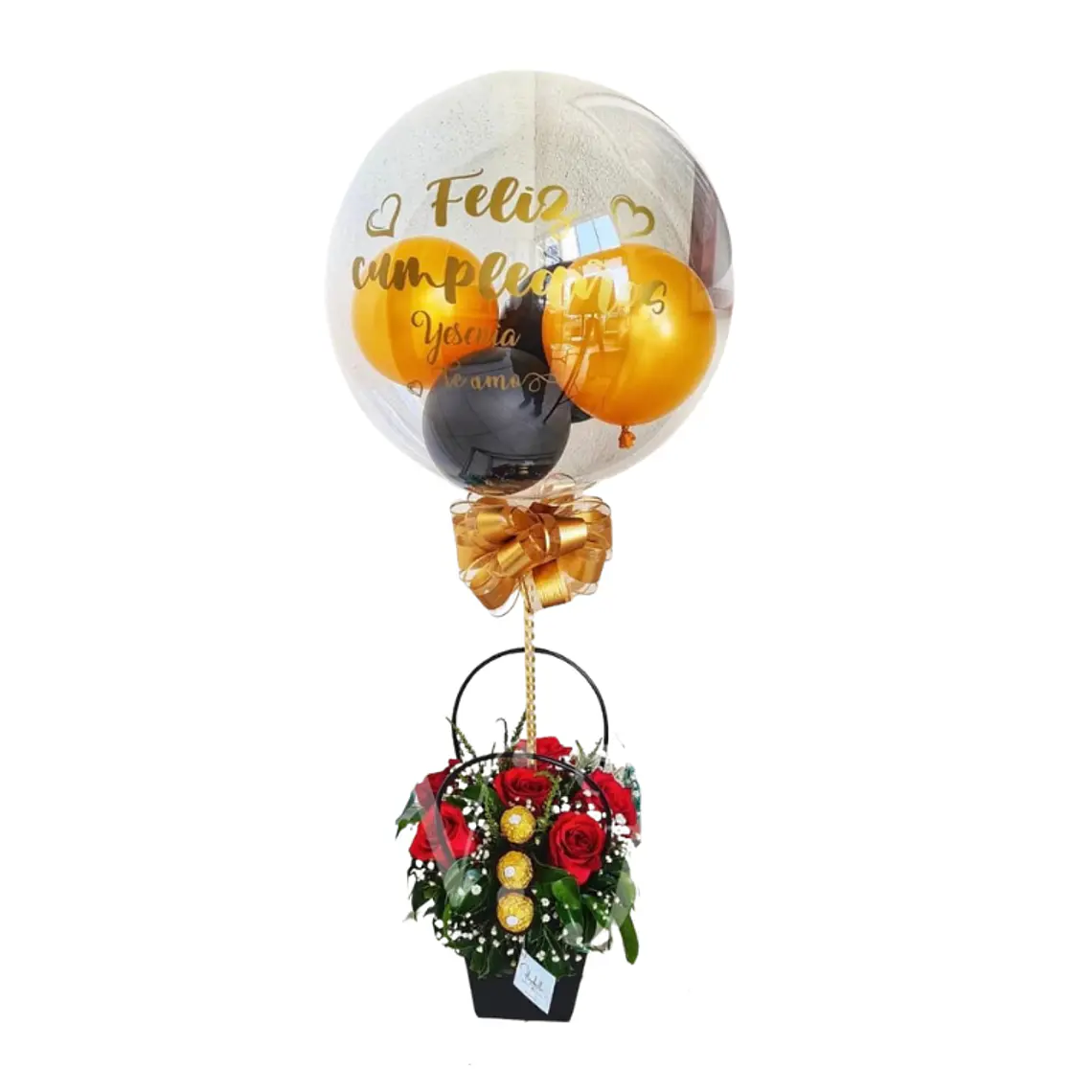 Box con Rosas Bombones Ferrero Rocher y Globo Burbuja 1