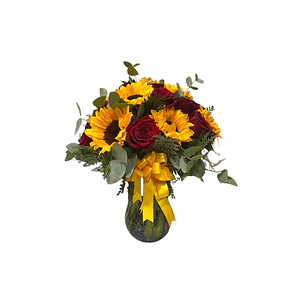 Florero de Girasoles y Rosas Rojas Brillo de Sol