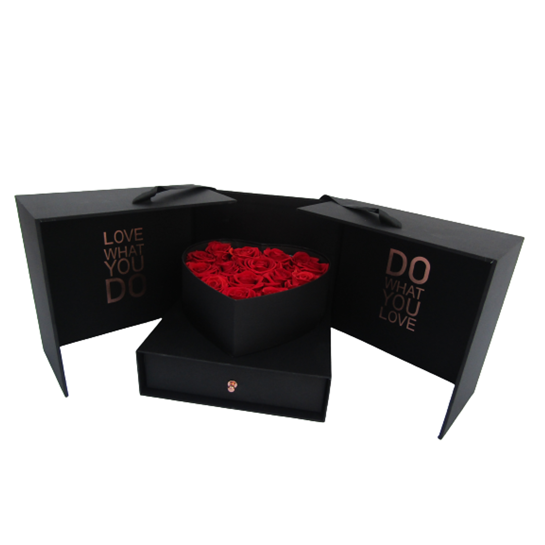 Caja sorpresa Deluxe de 15 rosas preservadas Rojas y 24 bombones ferrero  1