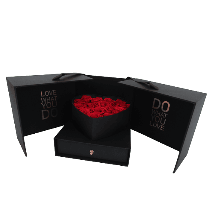Caja sorpresa Deluxe de 15 rosas preservadas Rojas y 24 bombones ferrero  1