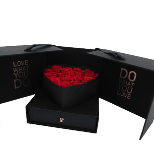 Caja sorpresa Deluxe de 15 rosas preservadas Rojas y 24 bombones ferrero 