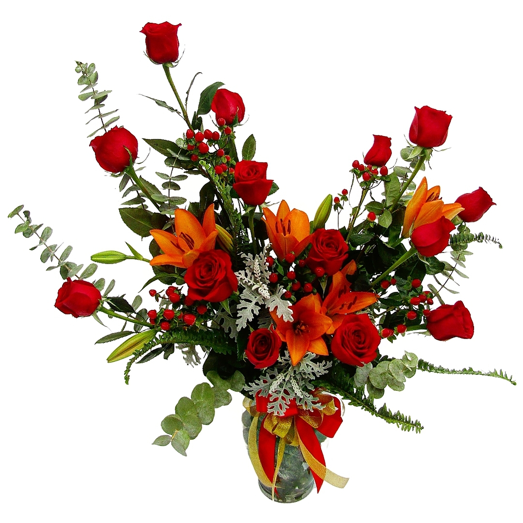 Medialuna de rosas rojas y liliums 1