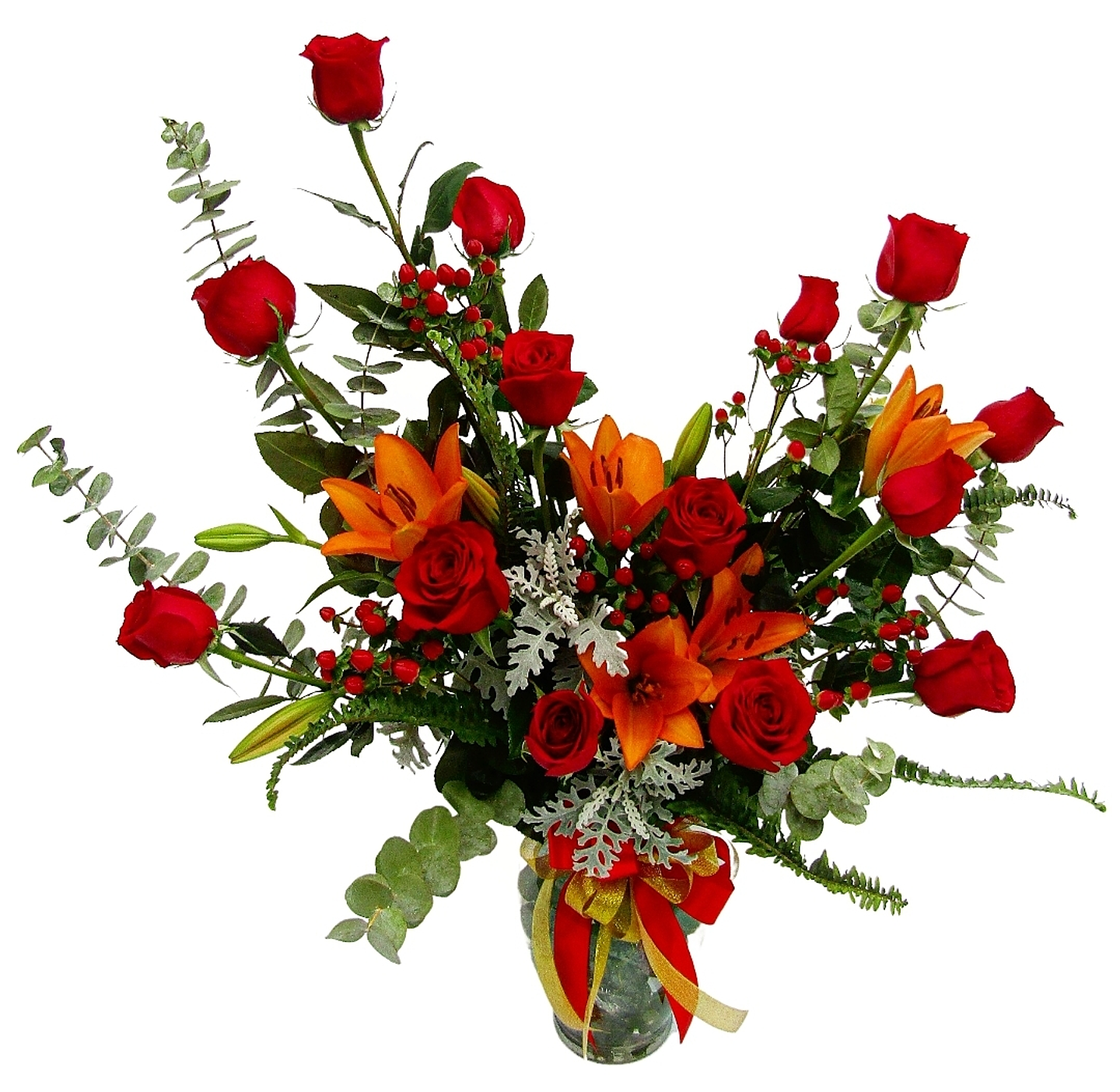 Medialuna de rosas rojas y liliums 1