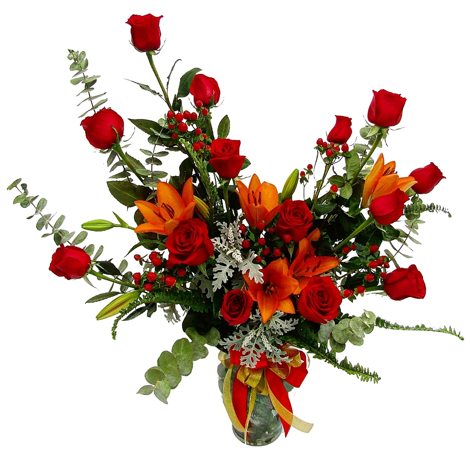 Medialuna de rosas rojas y liliums 1