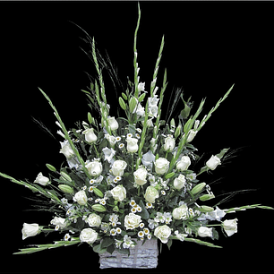 Arrimo blanco de rosas, liliums, gladiolos y margaritas.