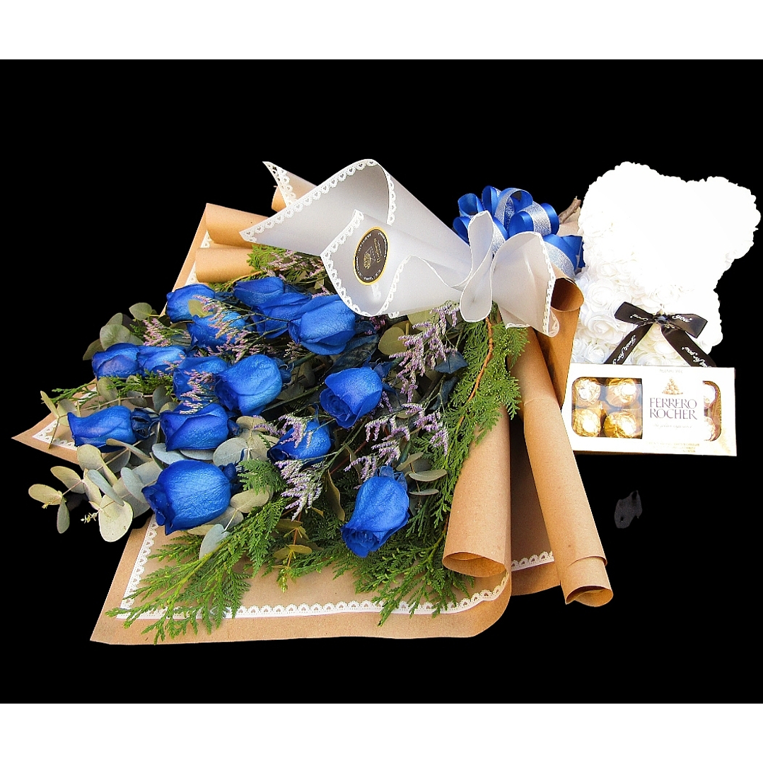 Blue dreams conjunto ramo, bombones y teddy 1