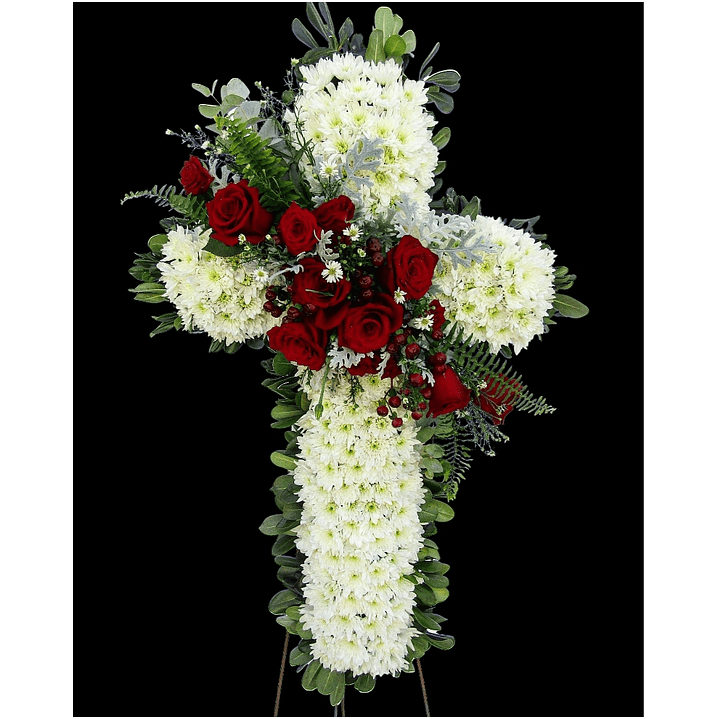 Cruz blanca con moño de rosas rojas  1