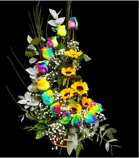 Caracola de rosas arcoiris y girasoles