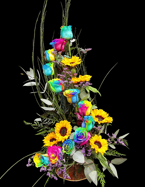 Espiral de rosas arcoiris en base rústica 