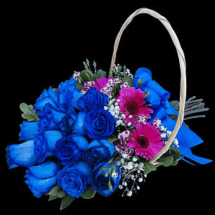 Cesta ovalada en forma de ramo de rosas azules