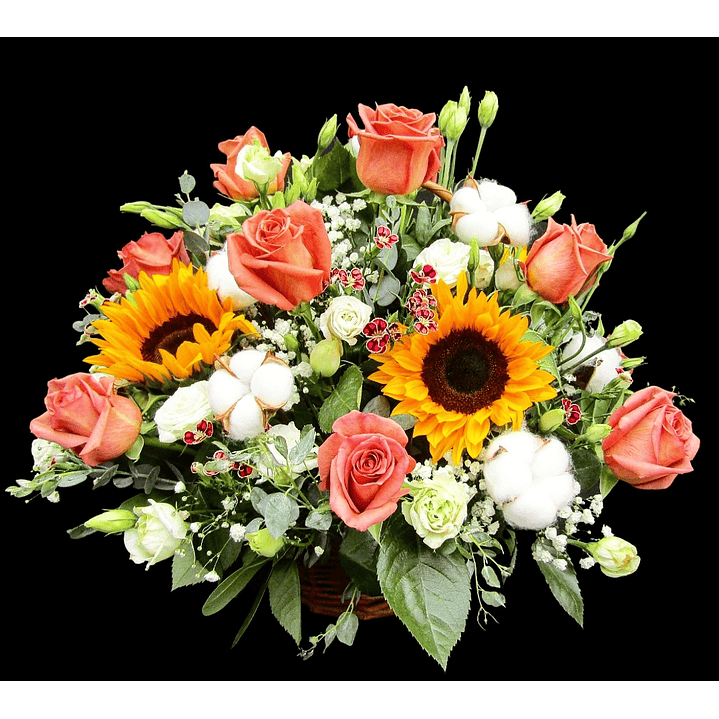 Cesta de rosas , girasoles y algodones 1