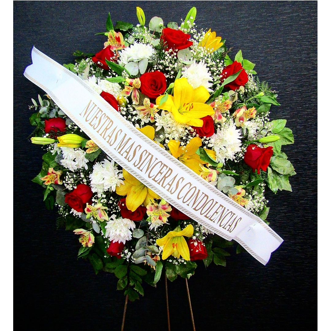 Medallón de condolencias en atril con cinta impresa 1