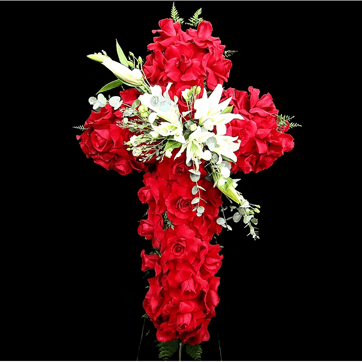 Cruz de rosas rojas en atril 1