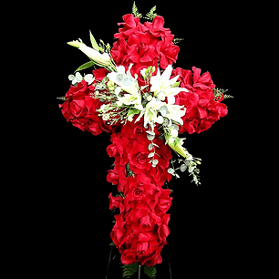 Cruz de rosas rojas en atril