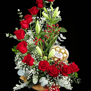 Caracola de 12 rosas y bombones en forma de corazón