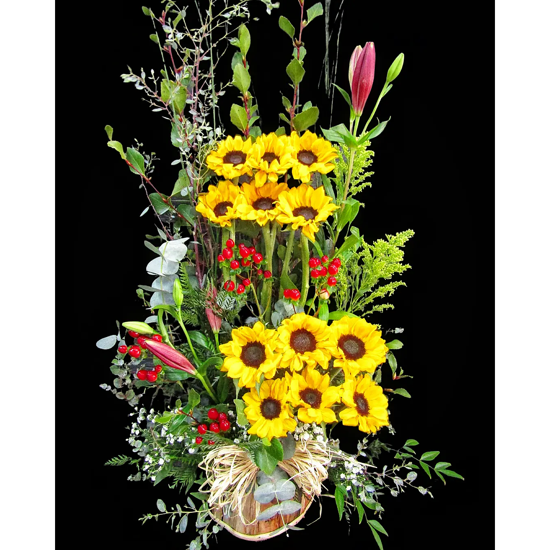 Paralelo de girasoles en maceta de madera 1