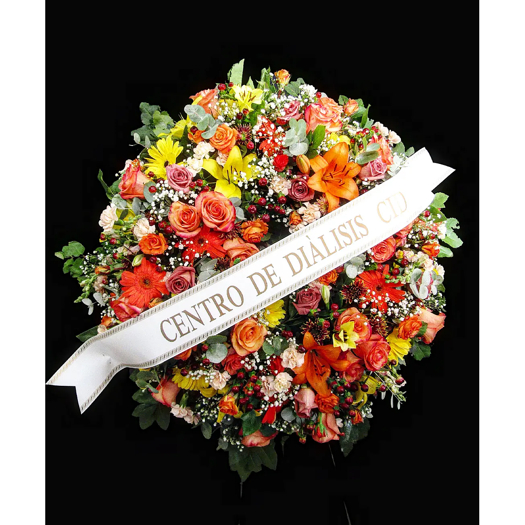 Corona de condolencias en atril y cinta impresa 1